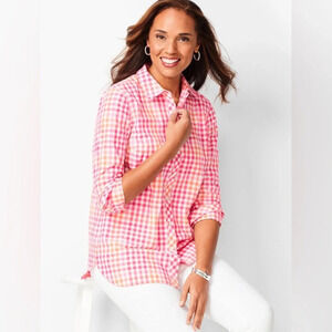 Talbots Button Up Shirt Pink Orange Gingham Check Long Sleeve Size Petite Large